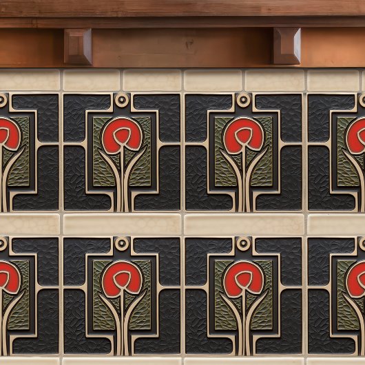 Zwart en Rood Abstract Bloem Mid-Century Tegeltje