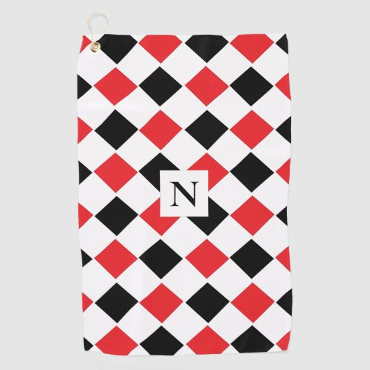 Zwart en Rood Argyle Patroon Monogram Golfhanddoek (Voorkant)