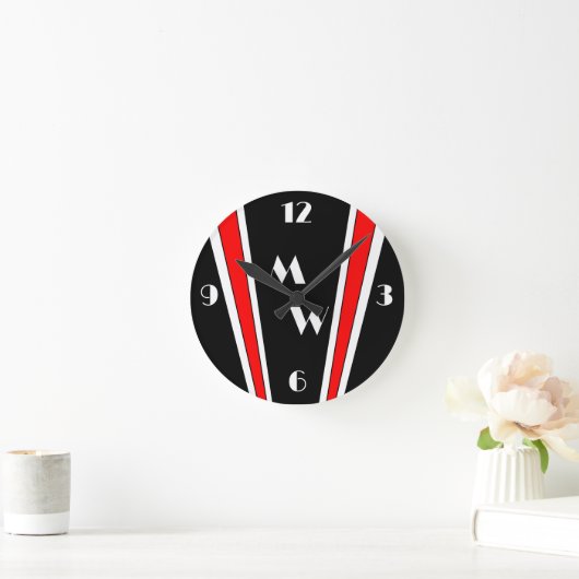 Zwart en rood Art Deco Design monogram Ronde Klok (Huis)
