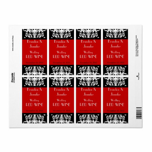 Zwart en Rood Barok Bruiloft Mini Wijn Labels (Full Sheet)