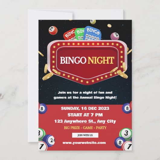 Zwart en Rood Bingo Nachtfeest Uitnodiging (Voorkant)