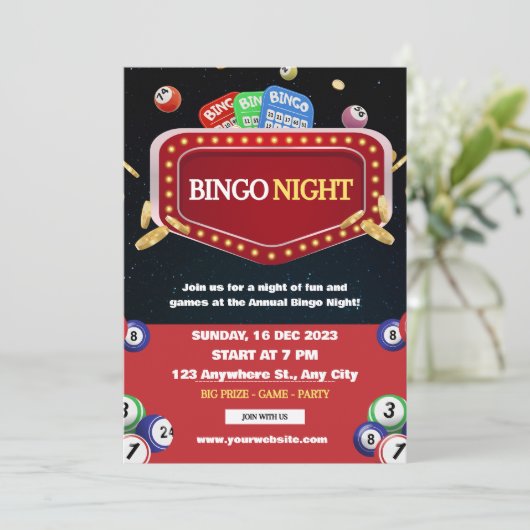 Zwart en Rood Bingo Nachtfeest Uitnodiging (Staand voorkant)