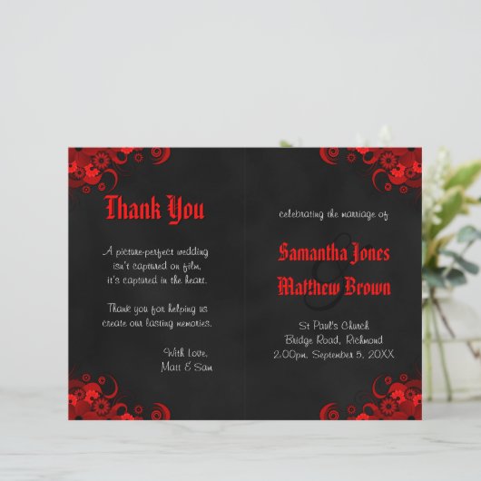 Zwart en Rood Bloemen Gothic Bi-Fold Trouwprogramm (Staand voorkant)