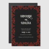 Zwart en Rood Bloemen Gotische Bruiloft Save the D Magnetische Uitnodiging (Voorkant / Achterkant)