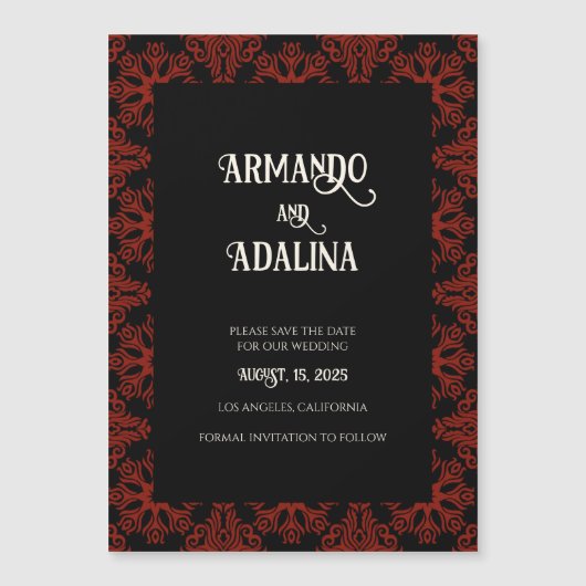 Zwart en Rood Bloemen Gotische Bruiloft Save the D Magnetische Uitnodiging (Voorkant)