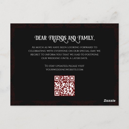 Zwart en Rood Bloemen Gotische Bruiloft Uitstel Briefkaart (Achterkant)