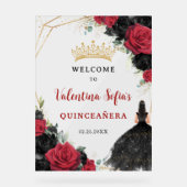 Zwart en rood Bloemen Prinses Quinceañera Welkom Acryl Bord (Voorkant)