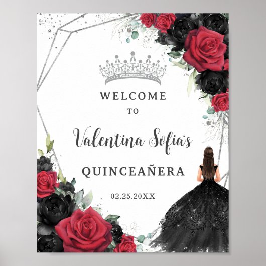 Zwart en rood Bloemen Prinses Quinceañera Welkom Poster (Voorkant)