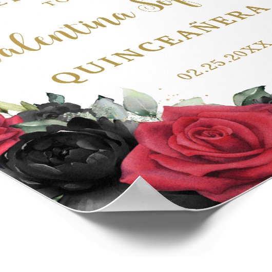 Zwart en rood Bloemen Prinses Quinceañera Welkom Poster (Hoek)