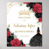 Zwart en rood Bloemen Prinses Quinceañera Welkom Poster (Voorkant)