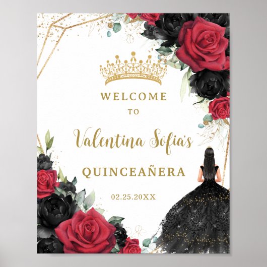 Zwart en rood Bloemen Prinses Quinceañera Welkom Poster (Voorkant)
