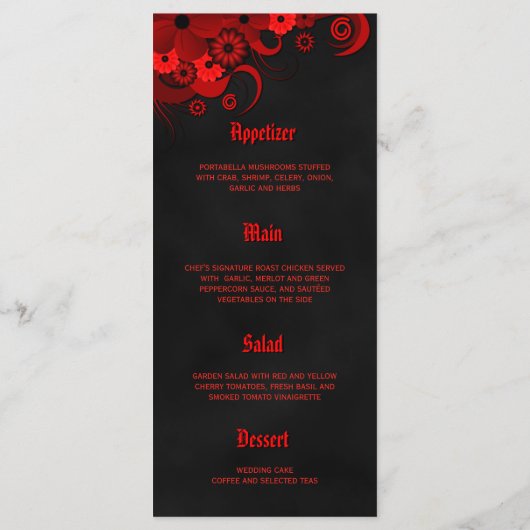 Zwart en Rood Bloemenbruiloft Diner Menu Kaarten (Achterkant)