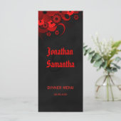 Zwart en Rood Bloemenbruiloft Diner Menu Kaarten (Staand voorkant)