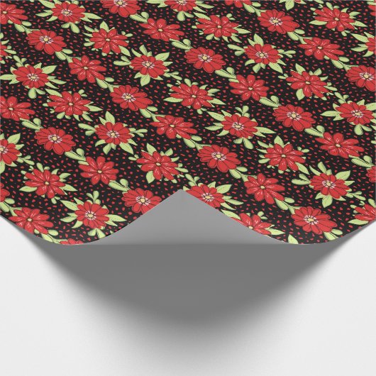 Zwart en rood bloemmotief cadeaupapier (Hoek)
