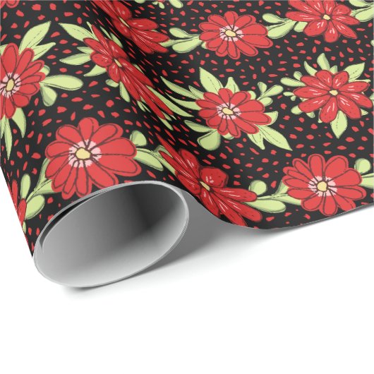 Zwart en rood bloemmotief cadeaupapier (Rol Hoek)