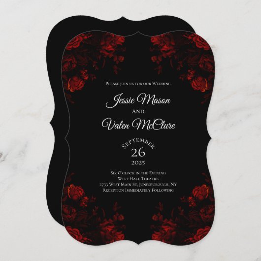 Zwart en rood bloemmotief Elegante Gotische Bruilo Kaart (Voorkant / Achterkant)