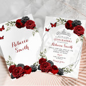 Zwart en rood Bourgondische Rozen Crown Quinceañer Kaart