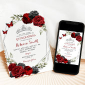 Zwart en rood Bourgondische Rozen Crown Quinceañer Kaart
