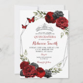 Zwart en rood Bourgondische Rozen Crown Quinceañer Kaart (Voorkant)