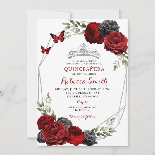 Zwart en rood Bourgondische Rozen Crown Quinceañer Kaart (Voorkant)