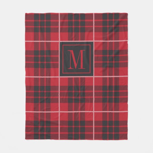 Zwart en rood buffel geruite patroon monogram fleece deken (Voorkant)