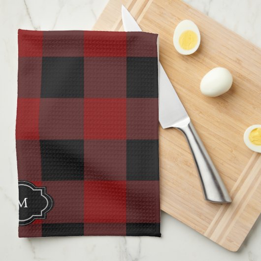 Zwart en rood buffel plaid monogrammed theedoek (Quarter Fold)
