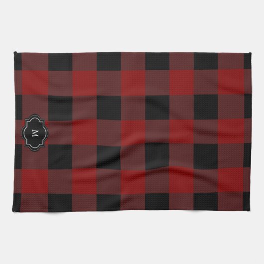 Zwart en rood buffel plaid monogrammed theedoek (Horizontaal)