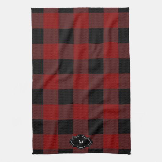 Zwart en rood buffel plaid monogrammed theedoek (Verticaal)