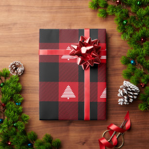 Zwart en rood buffelplaid witte kerstbomen cadeaupapier