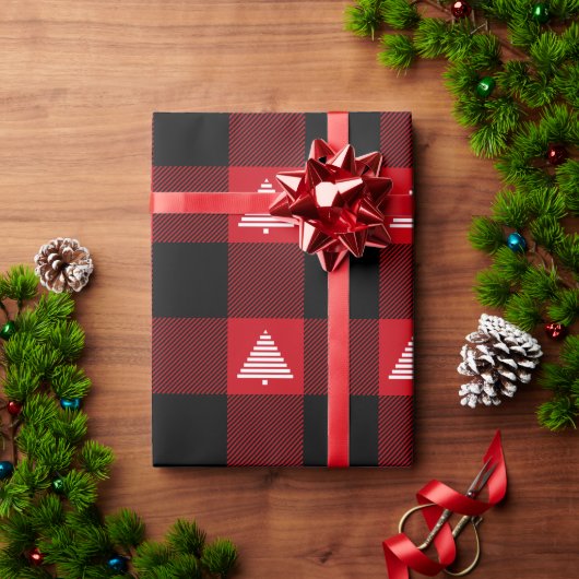 Zwart en rood buffelplaid witte kerstbomen cadeaupapier (Feestdagen Geschenken)