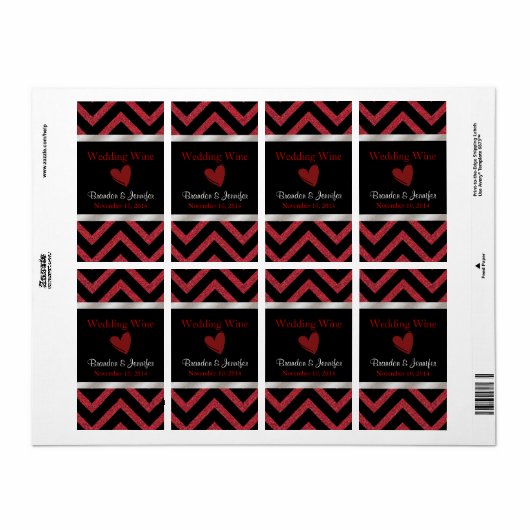 Zwart en Rood Chevron Bruiloft Mini Wijn Labels (Full Sheet)