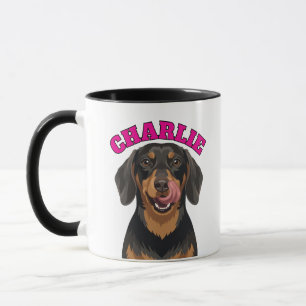 Zwart en rood dachshund wiener hond likt neus mok
