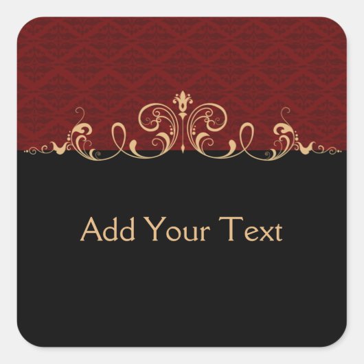 Zwart en rood Damask Gold Scroll Vierkante Sticker (Voorkant)