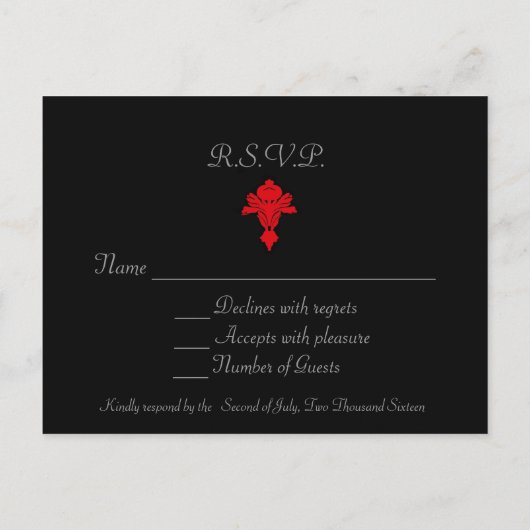 Zwart en rood Damask RSVP Uitnodiging Briefkaart (Achterkant)