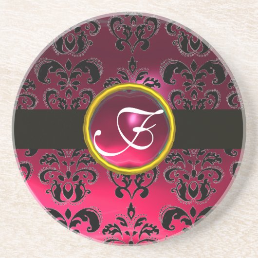 ZWART EN ROOD DAMAST ROZE ROBIJN Initialen Zandsteen Onderzetter (Voorkant)