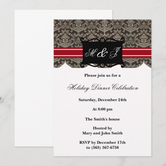 Zwart en rood Elegant Monogram Party Uitnodigingen (Voorkant / Achterkant)