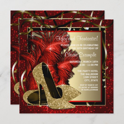 Zwart en Rood en Goud Hoge Hakken Verjaardagsfeest Kaart (Voorkant / Achterkant)