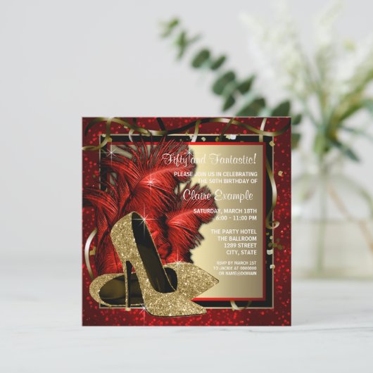 Zwart en Rood en Goud Hoge Hakken Verjaardagsfeest Kaart (Staand voorkant)