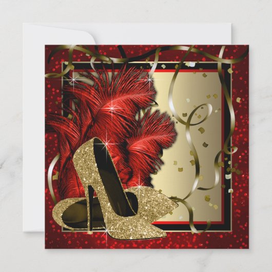 Zwart en Rood en Goud Hoge Hakken Verjaardagsfeest Kaart (Achterkant)