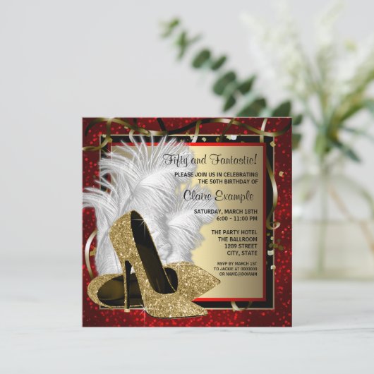 Zwart en Rood en Goud Hoge Hakken Verjaardagsfeest Kaart (Staand voorkant)