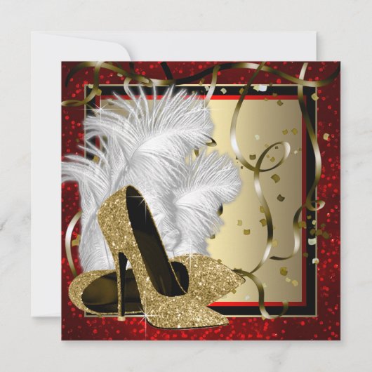 Zwart en Rood en Goud Hoge Hakken Verjaardagsfeest Kaart (Achterkant)