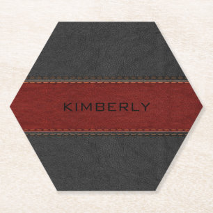 Zwart en rood faux gestikt leer kartonnen onderzetters