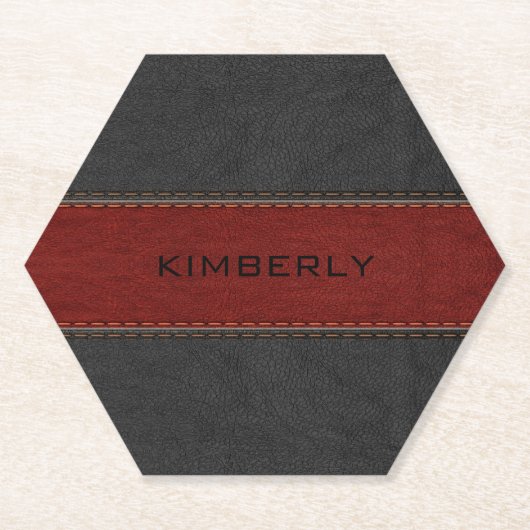 Zwart en rood faux gestikt leer kartonnen onderzetters (Voorkant)