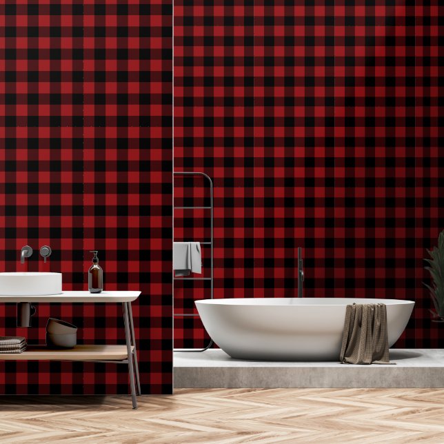 Zwart en rood geruit behang (Badkamer)