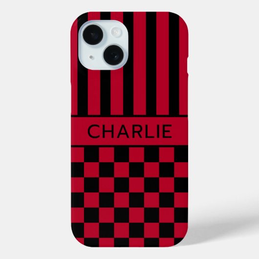 Zwart en rood geruit gestreept gepersonaliseerd Case-Mate iPhone case (Achterkant)