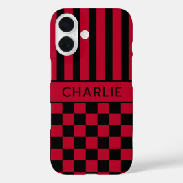 Zwart en rood geruit gestreept gepersonaliseerd iPhone 16 hoesje