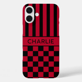 Zwart en rood geruit gestreept gepersonaliseerd iPhone 16 plus hoesje