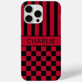 Zwart en rood geruit gestreept gepersonaliseerd iPhone 15 pro max hoesje