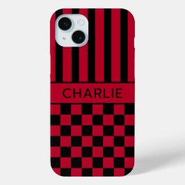 Zwart en rood geruit gestreepte gepersonaliseerde  iPhone 15 mini hoesje