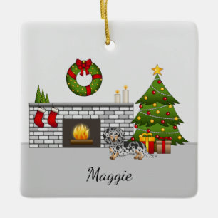 Zwart en rood gevlekte langharige Dachshund met Ke Keramisch Ornament